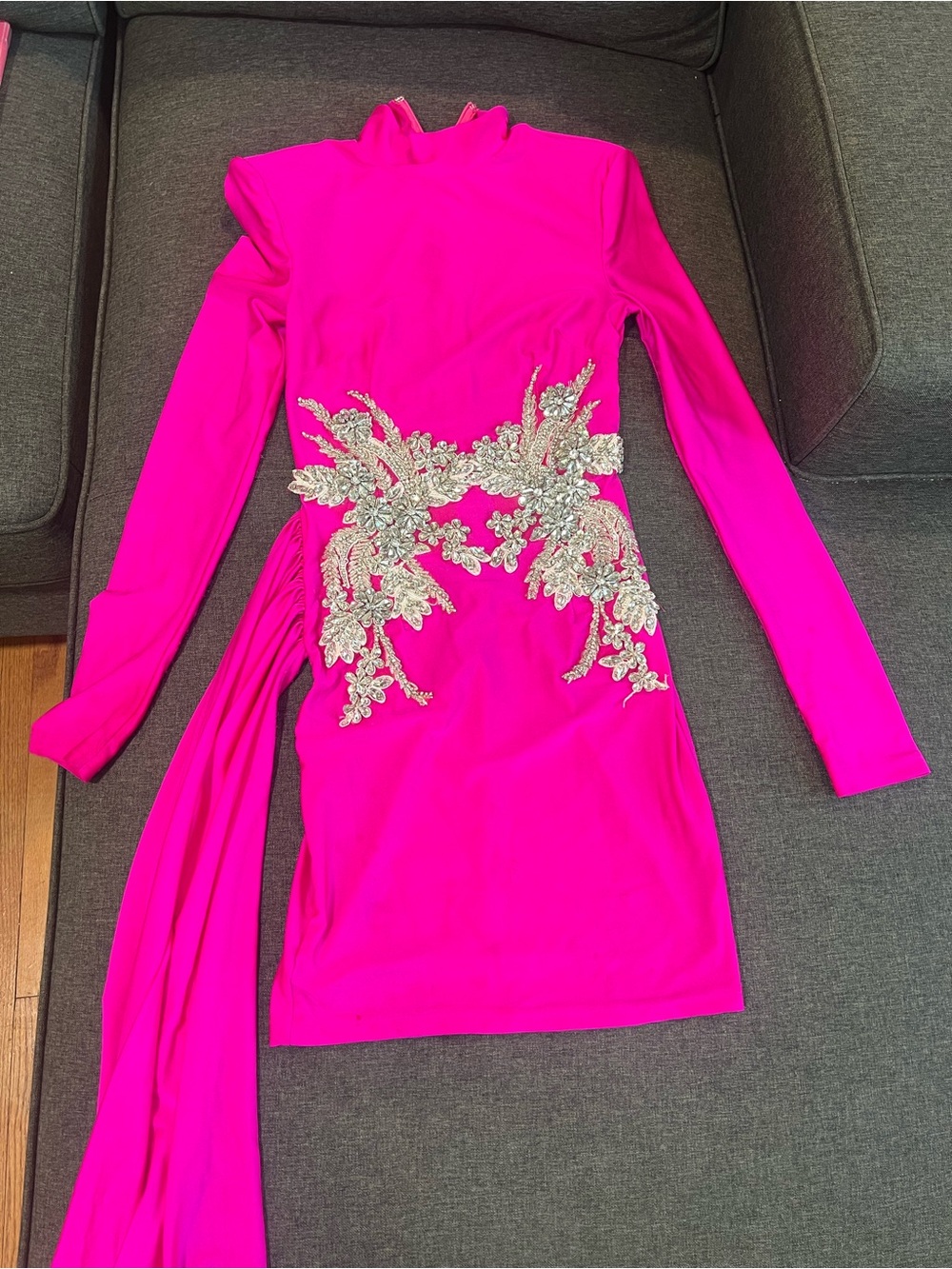 Fashion Nova Hot Pink Long-Sleeve Dress with Silver Floral Applique XS